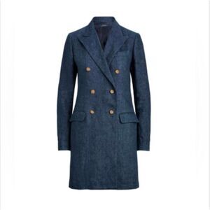 Polo Ralph Lauren Double- Breasted Linen Navy Chambray Long Blazer Coat Lightwei